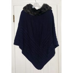 Talbots Women's Faux Fur Cowlneck‎ Poncho Navy Blue Black Large New